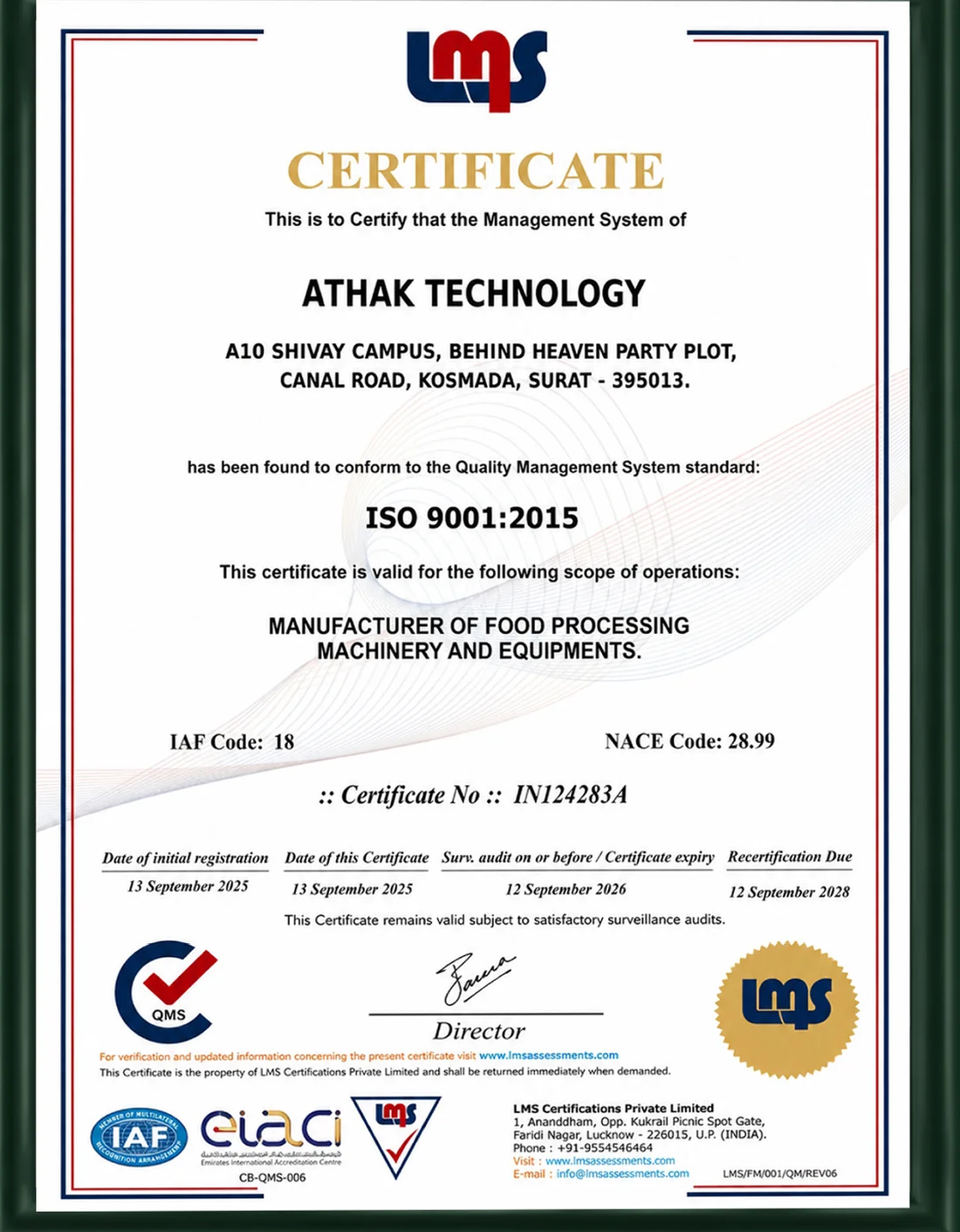 ATHAK Technology's ISO 9001:2015 certificate, No. IN124283A, issued by LMS Certifications Private Limited