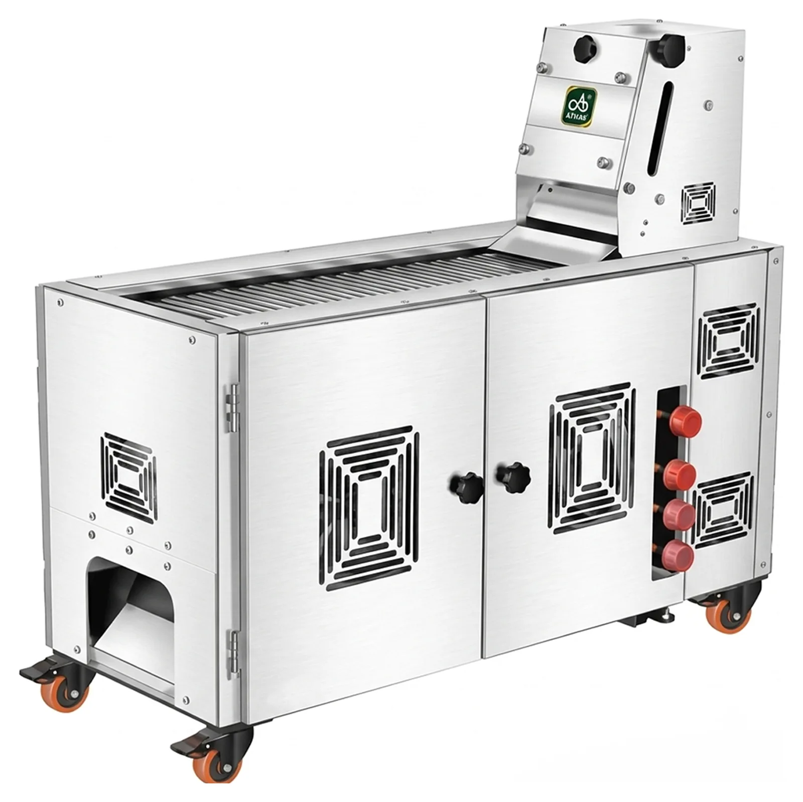 Larger ATHAK Eco series automatic roti making machine with an extended roasting conveyor, twin cabinet doors and red castor wheels