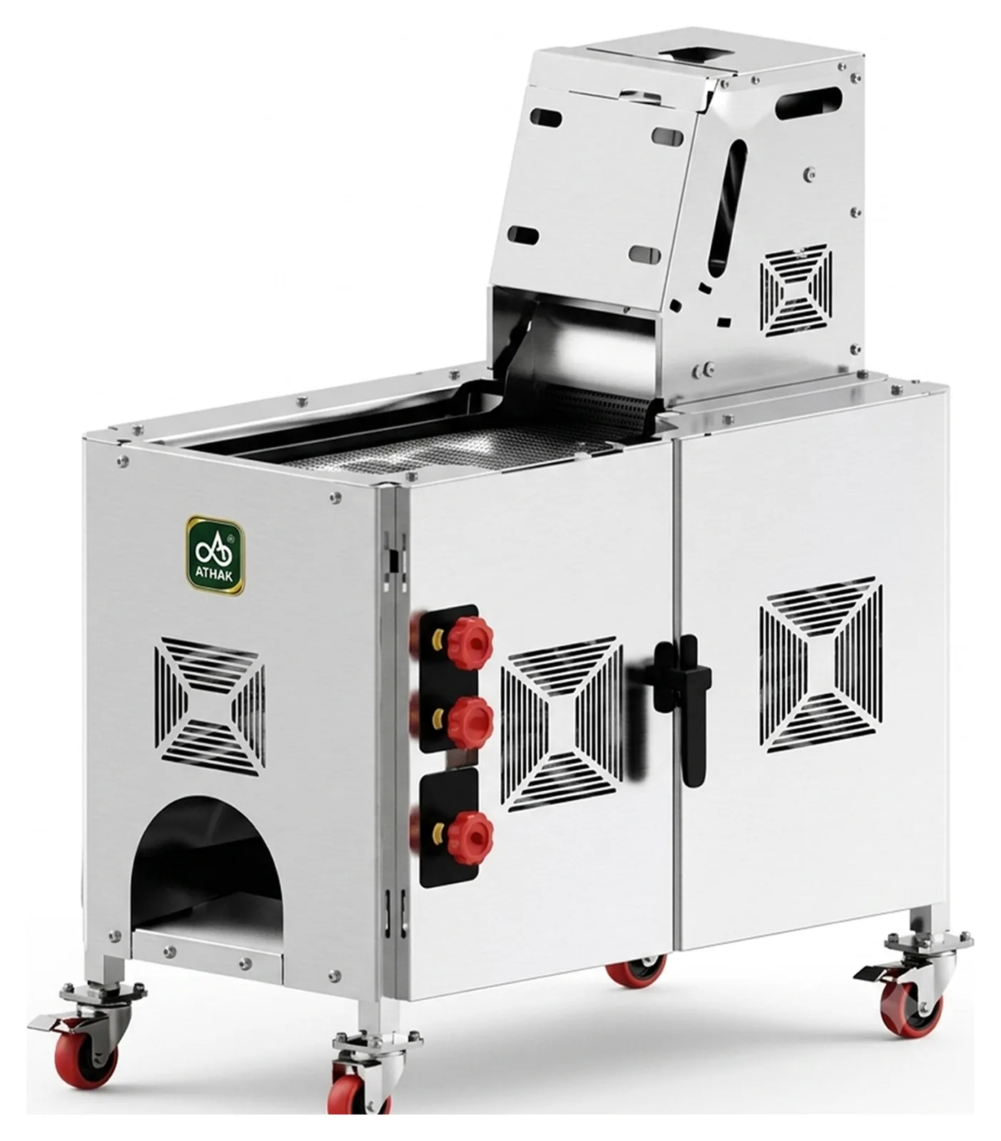 ATHAK Eco series automatic roti making machine with upright pressing head, stainless steel roasting bed and castor-mounted cabinet
