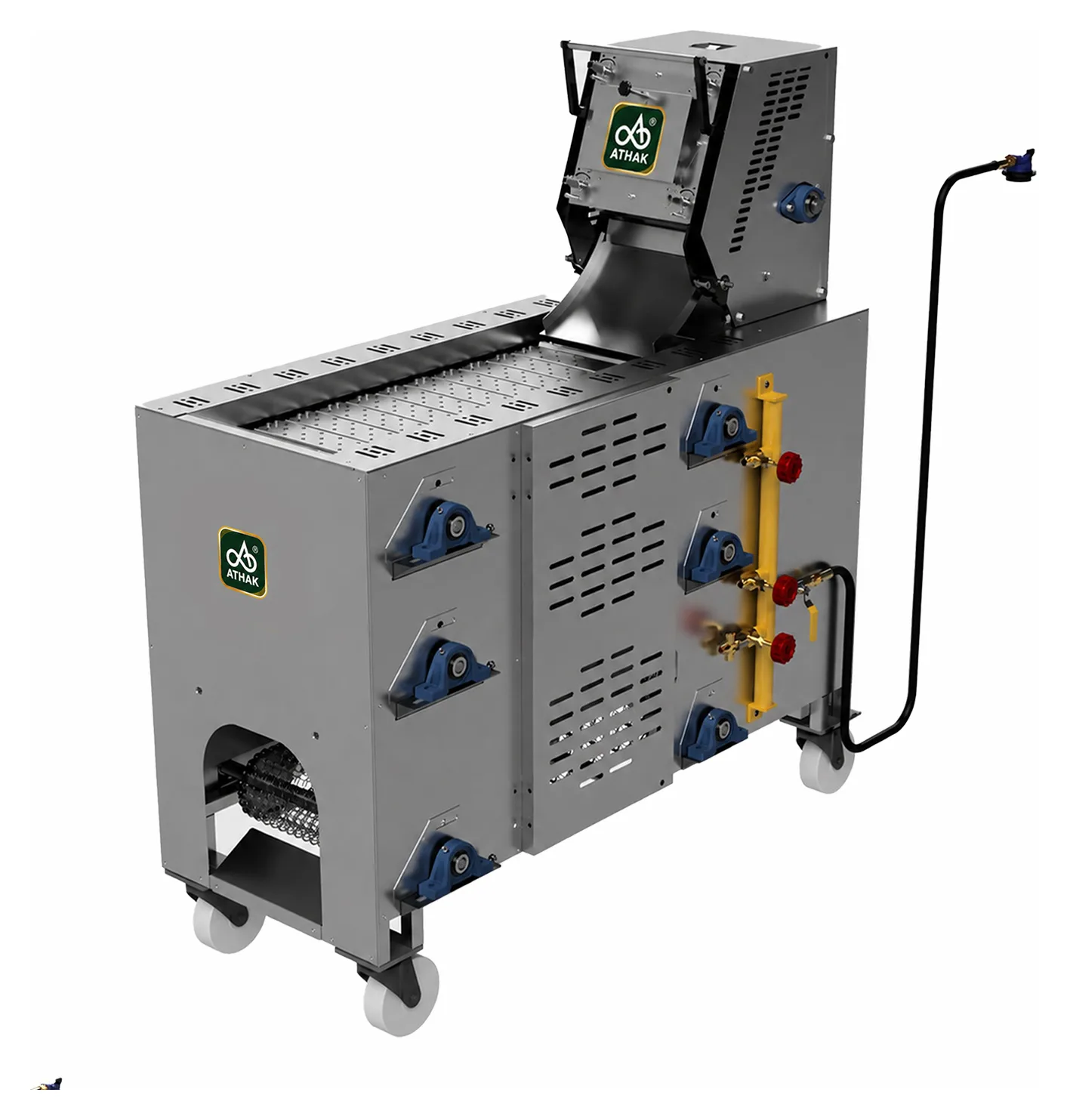 ATHAK PRO series automatic roti making machine viewed from the discharge end, showing the gas burner manifold along the machine side