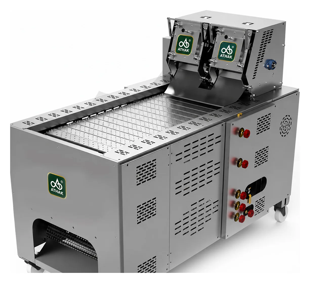 ATHAK PRO series automatic roti making machine with twin pressing heads, stainless steel roasting conveyor and castor-mounted cabinet