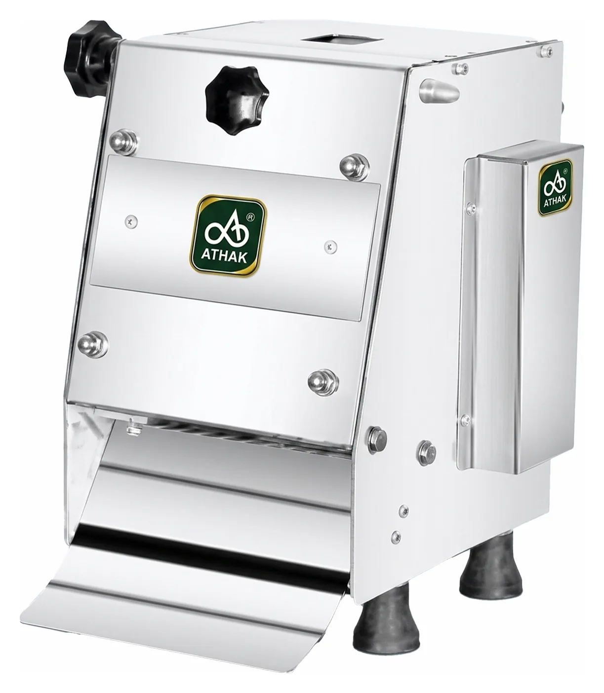 ATHAK CP 500 Eco automatic roti pressing machine, a taller stainless steel press with side drive housing and front discharge chute on levelling feet