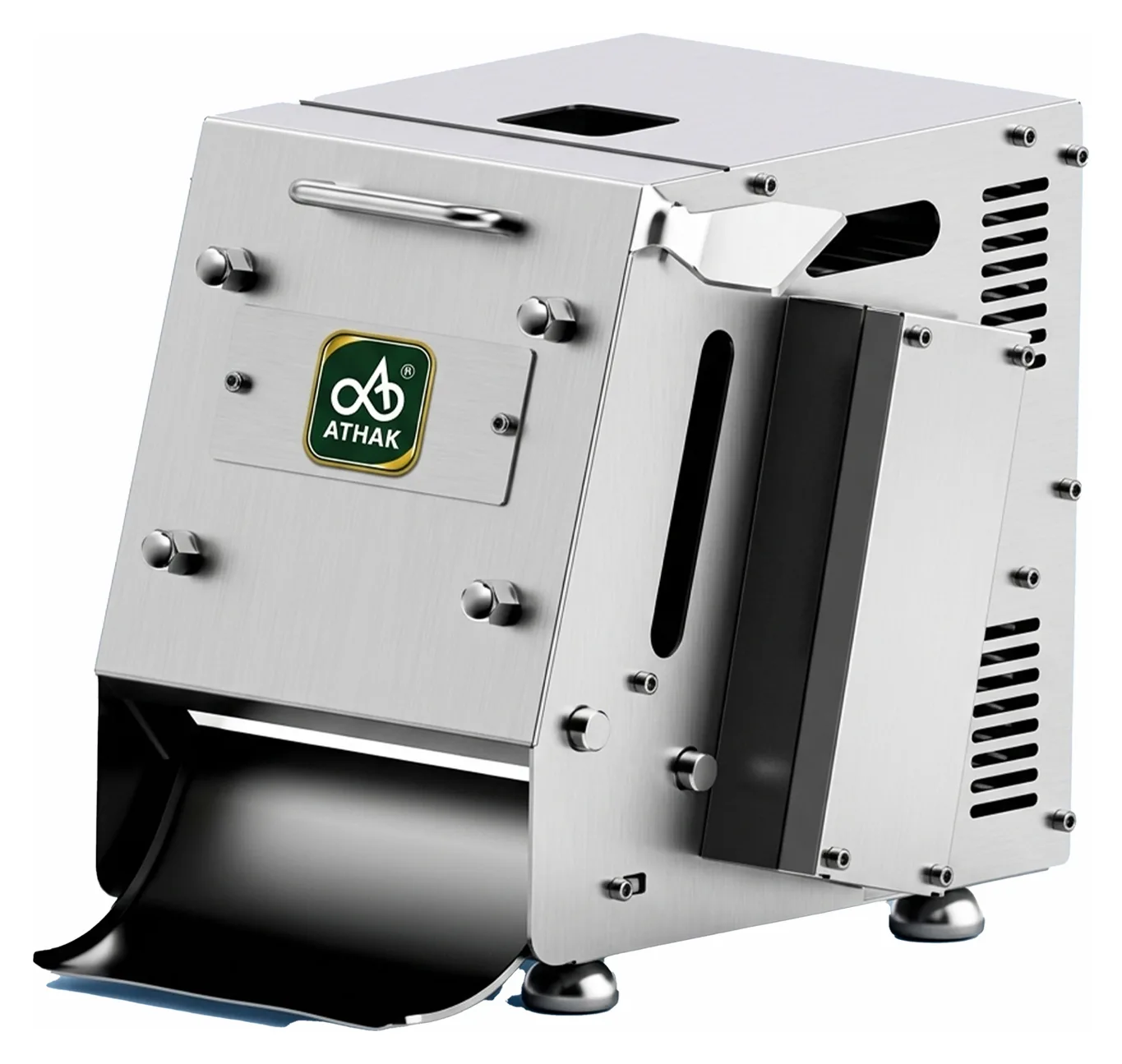 ATHAK CP 300 Eco automatic roti pressing machine, a compact stainless steel press with top feed opening and front discharge chute