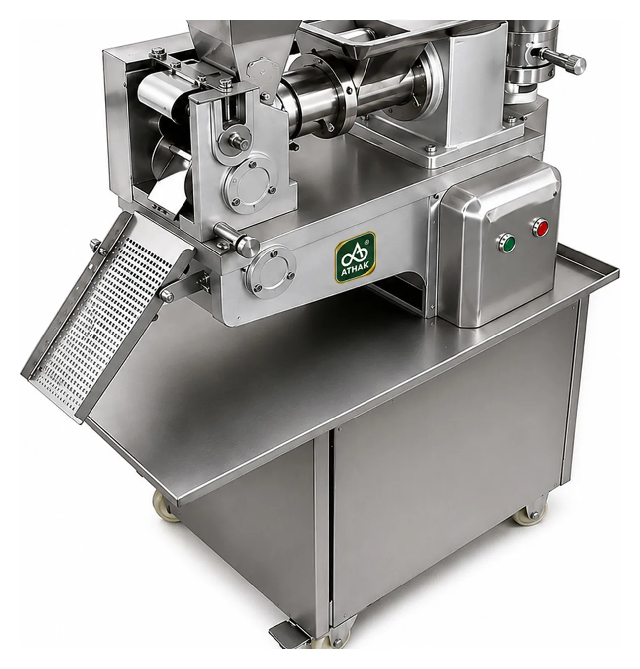 ATHAK Automatic Samosa Making Machine with filling hopper, forming head and discharge conveyor