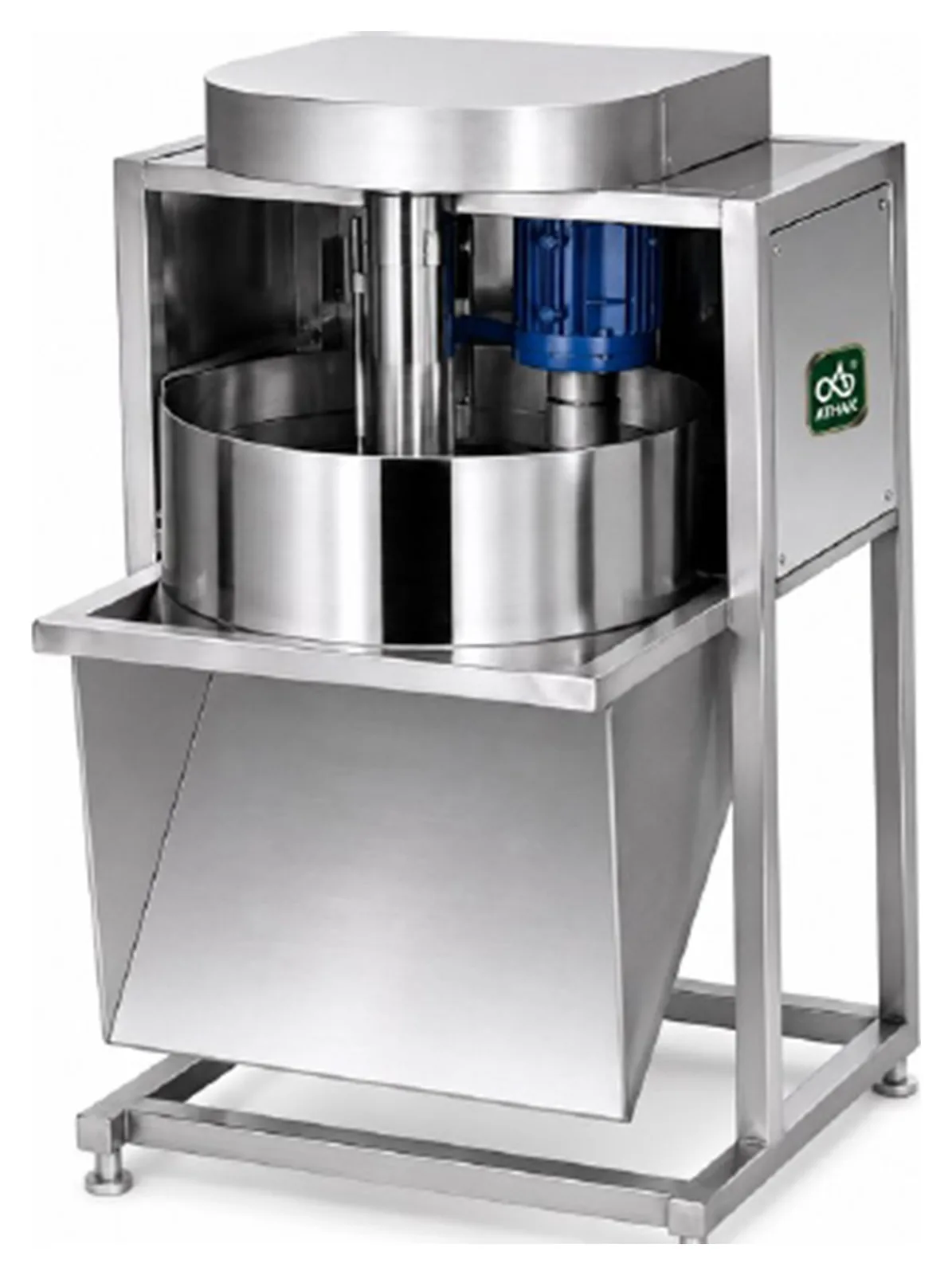 ATHAK Cabbage Cutter Machine with twin feed cylinders and sloped discharge hopper on a tall stainless steel stand