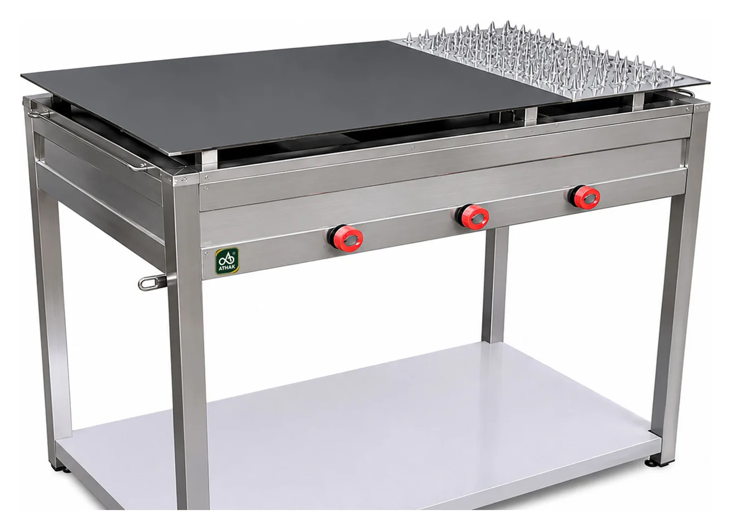 ATHAK chapati bhatti with a heavy black top plate, three front burner control knobs, stainless steel frame and lower shelf