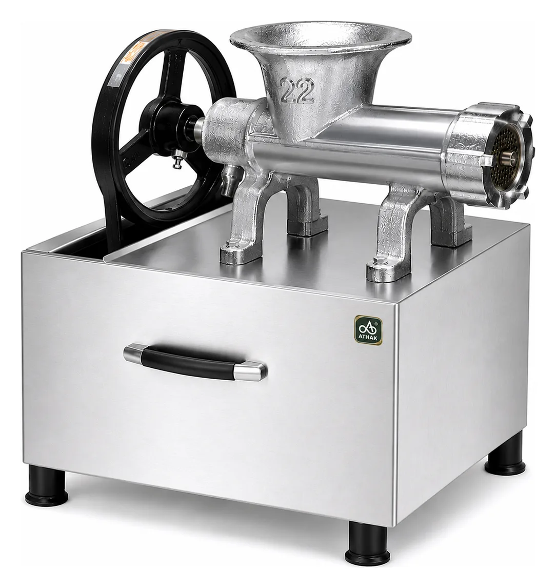 ATHAK Chutney Machine with cast grinding head and pulley on a stainless steel stand
