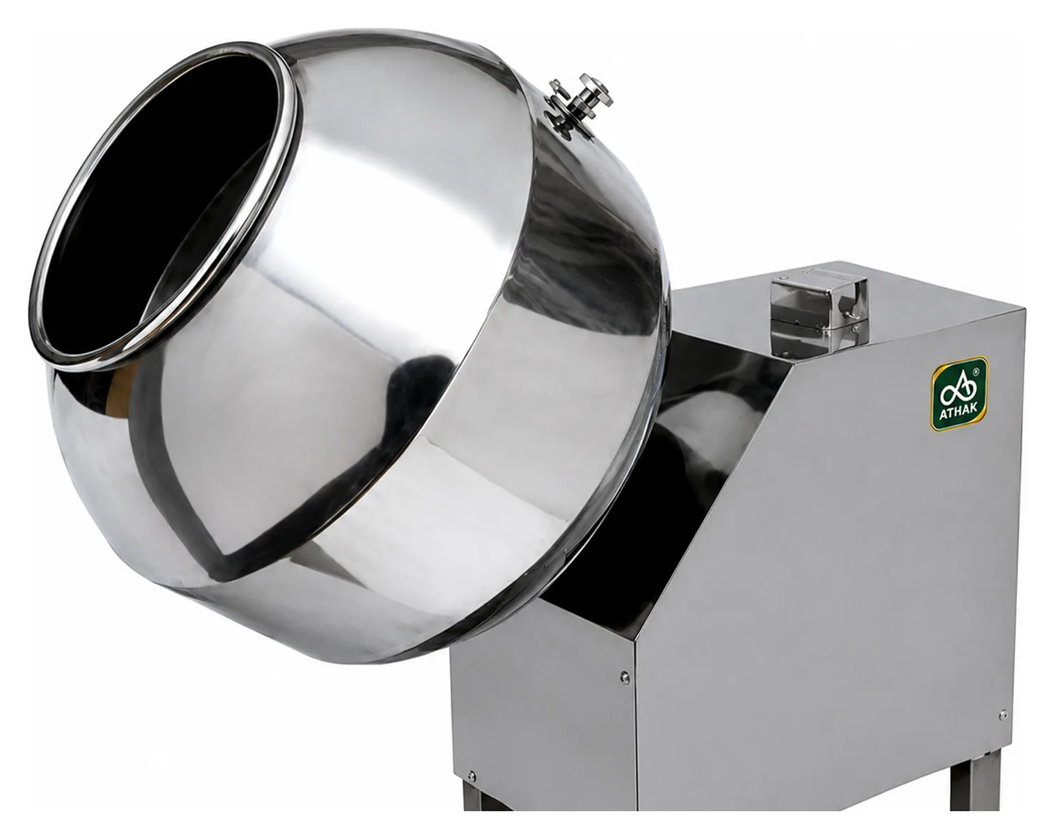 ATHAK Coating Pan machine with polished stainless steel rotating drum on a cabinet base