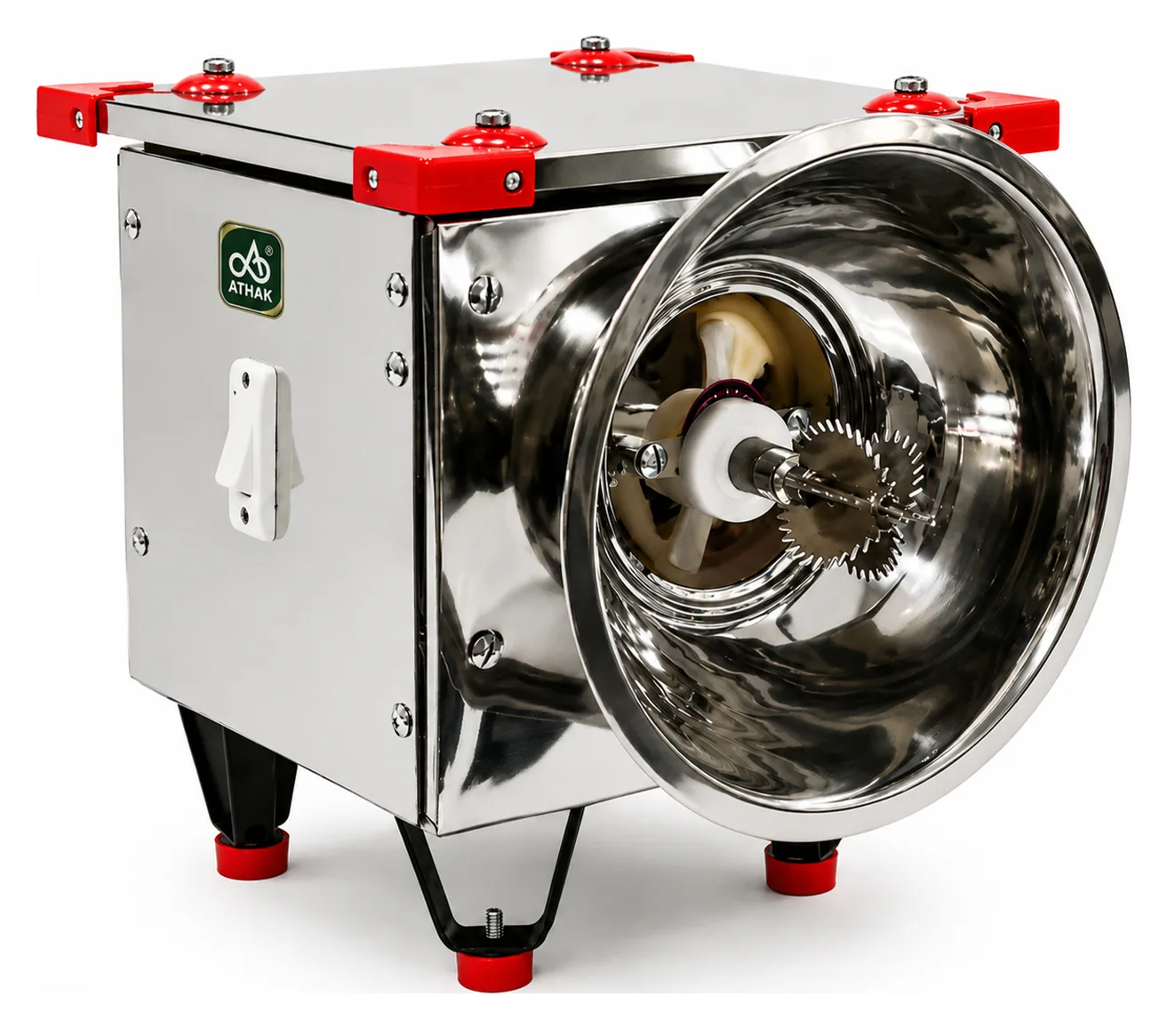ATHAK Coconut Scraper Machine with stainless steel body, front scraping head and red clamped lid