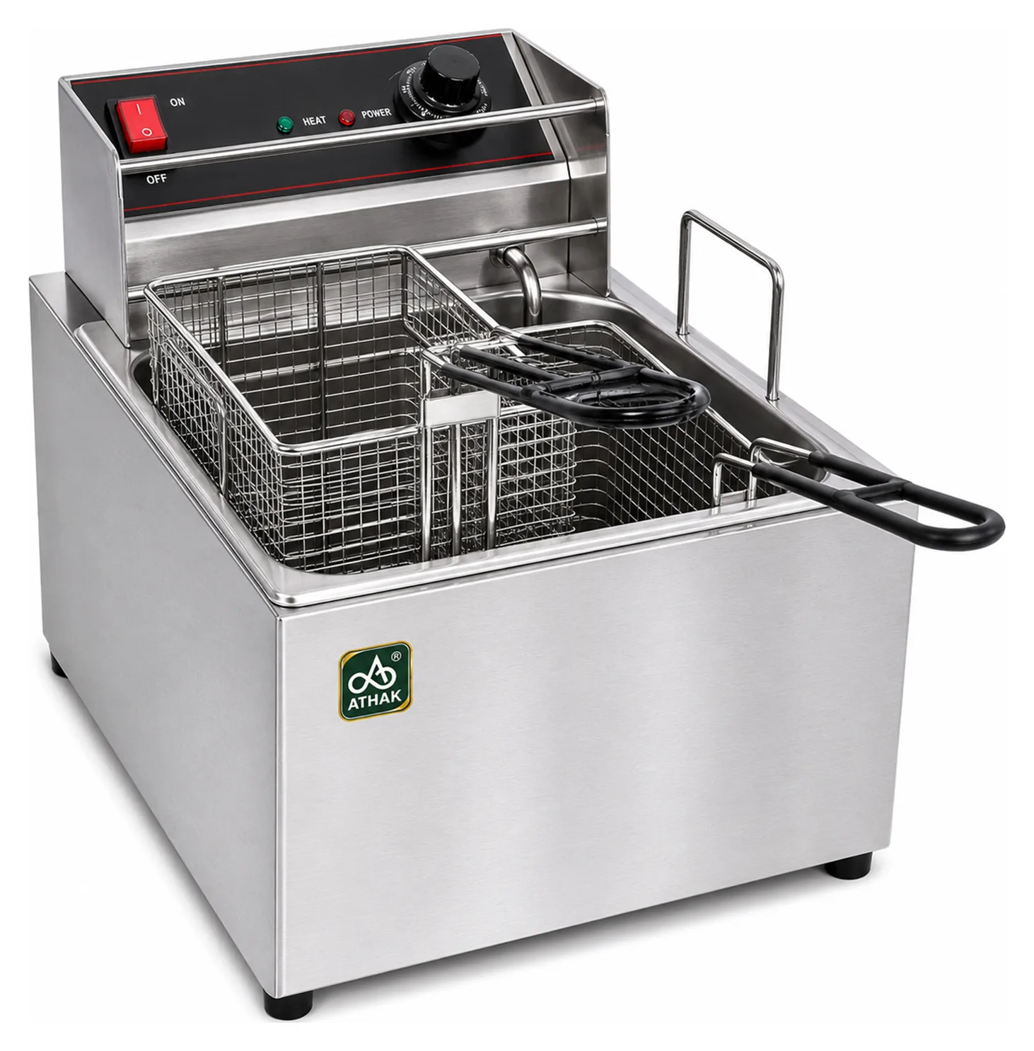 ATHAK deep fryer machine in stainless steel with a wire frying basket, lift handle and temperature control dial