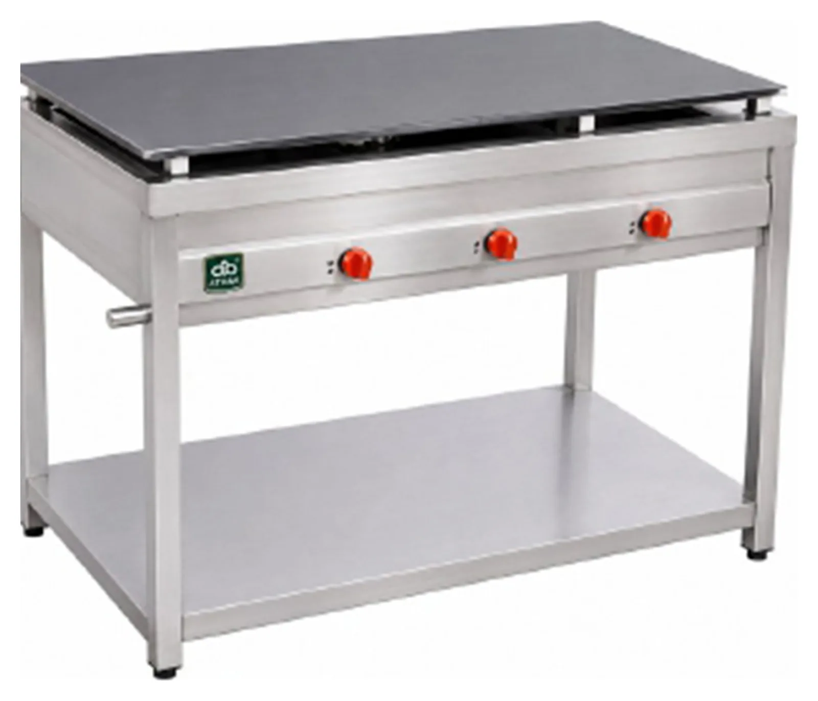 ATHAK Dosa Bhatti with thick flat griddle plate, three burner control knobs and stainless steel stand with undershelf