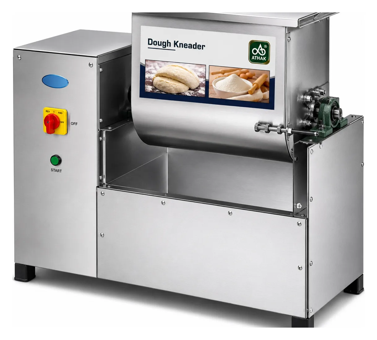 ATHAK drum type dough kneading machine with enclosed stainless steel cabinet, hinged lid panels and push-button control station
