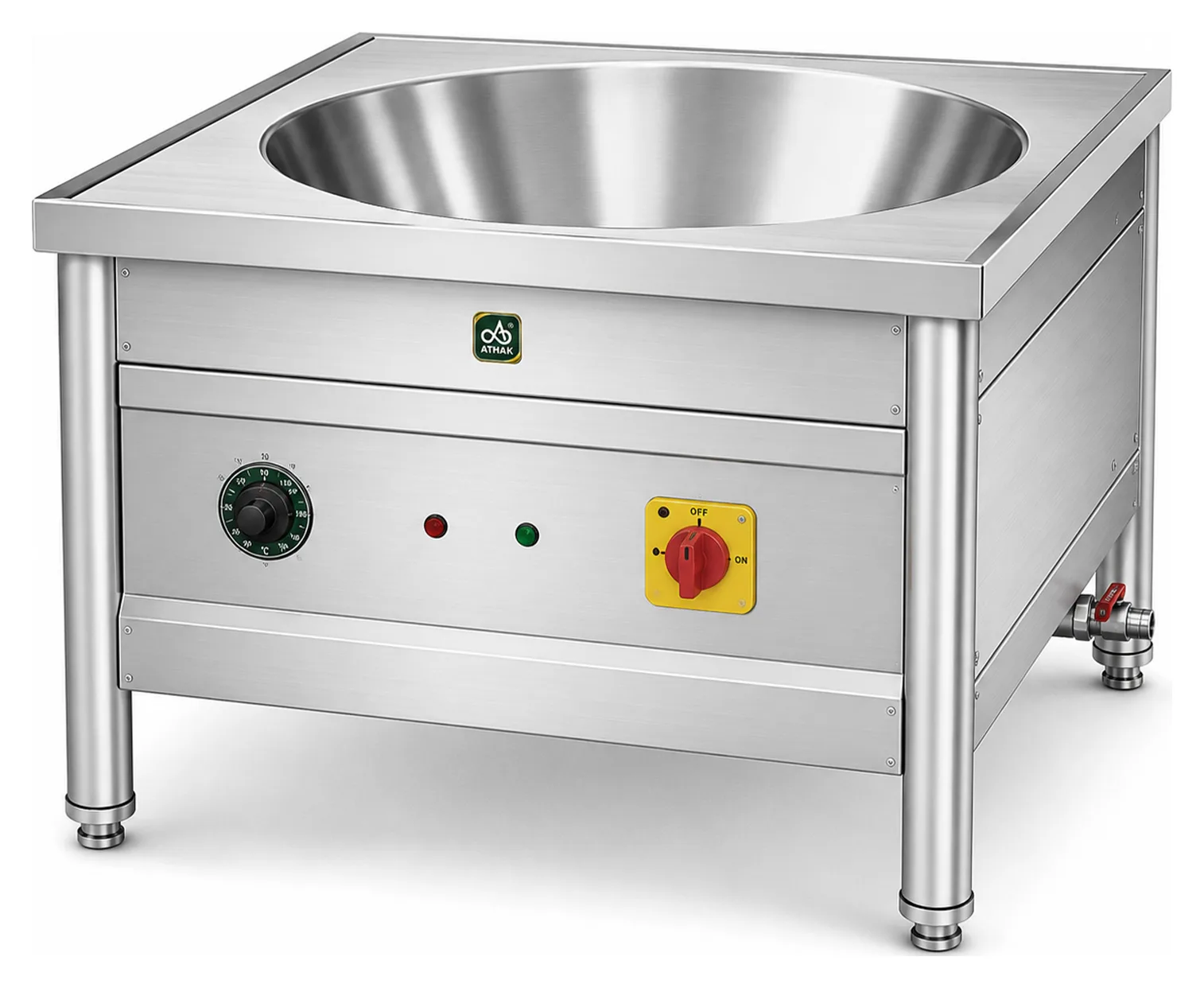 ATHAK table top electric kadai, a stainless steel frying kadai in a low counter-top body with thermostat knob and indicator lights