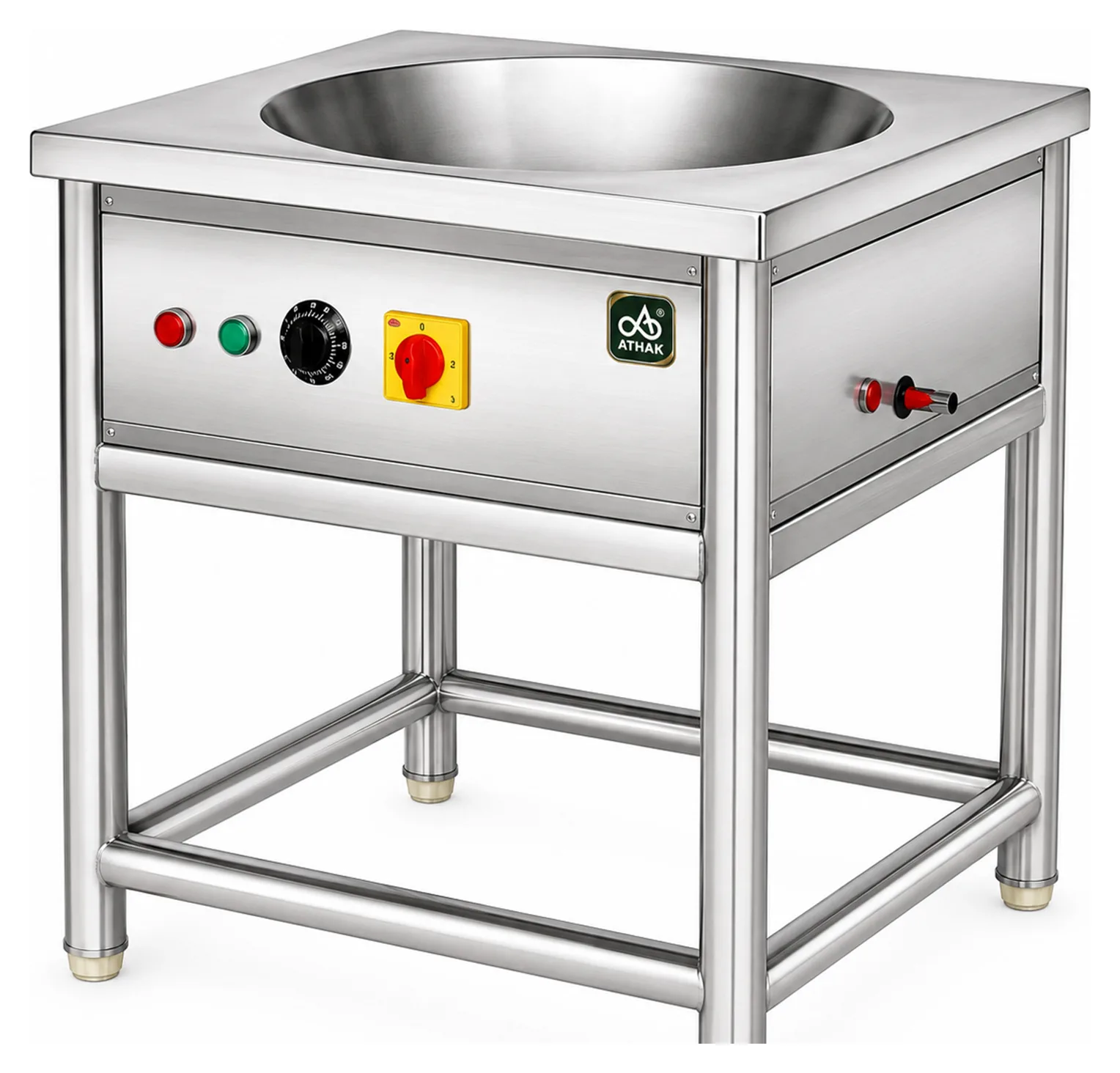 ATHAK electric kadai with stand, a stainless steel frying kadai on a welded stand with thermostat and indicator controls