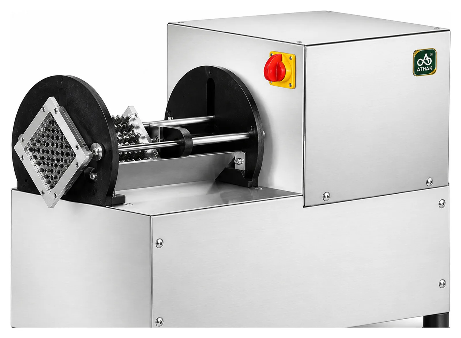 ATHAK Finger Chips Machine with motor, showing the grid cutting head on a stainless steel cabinet base