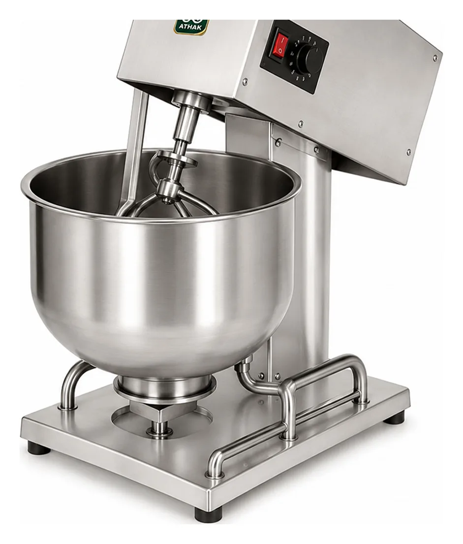 ATHAK stainless steel body flour dough kneading machine with SS bowl and tilting drive head on a stainless base