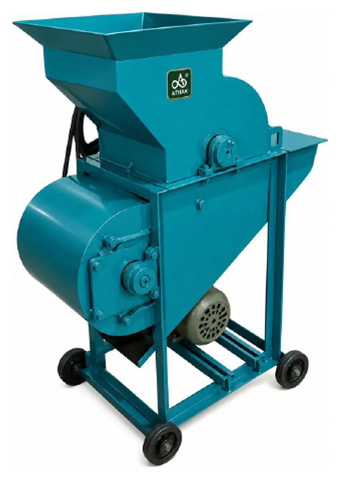 ATHAK Garlic Bulb Breaker Machine in teal finish with large top feed hopper, side-mounted motor and wheeled frame