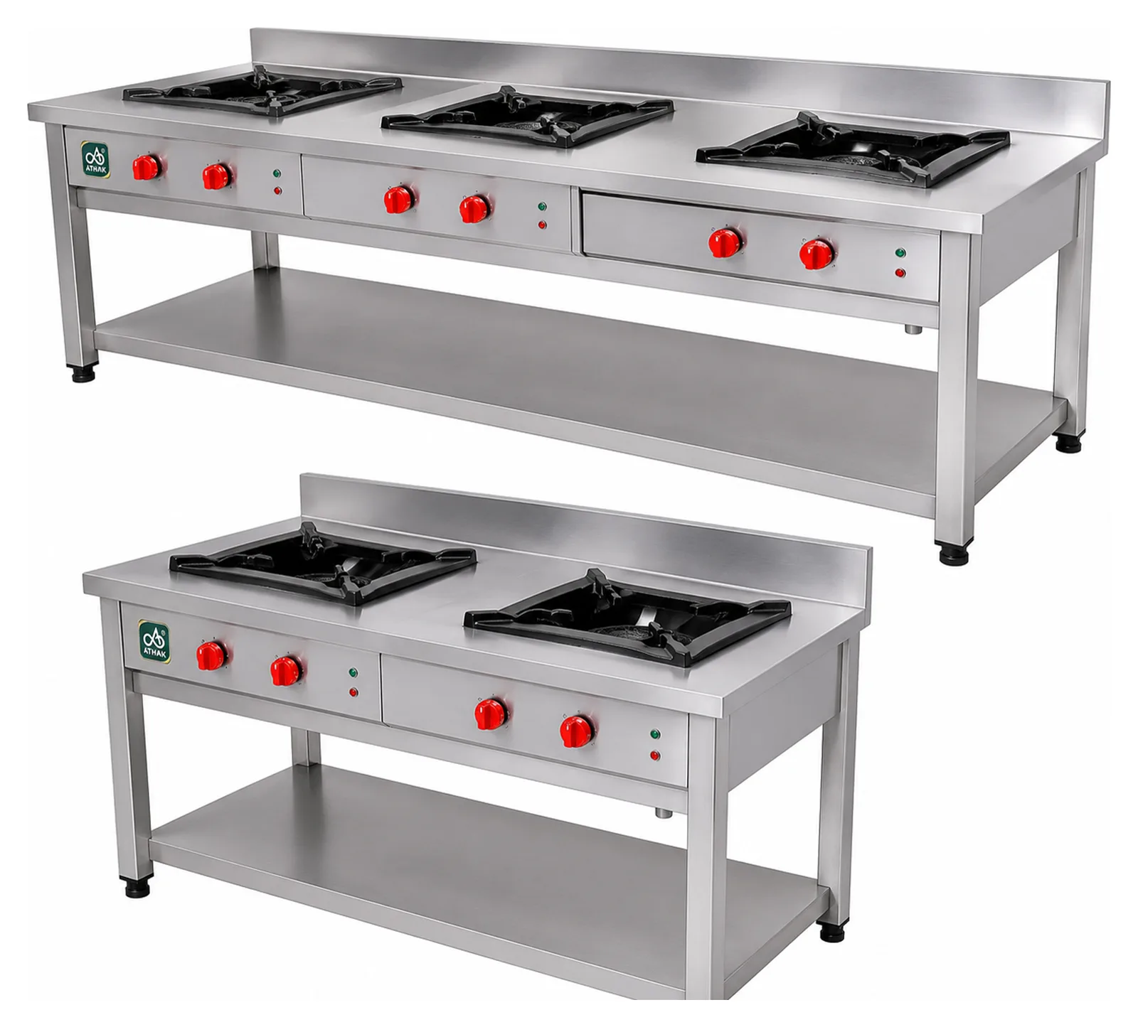 ATHAK gas cooking range in stainless steel with burner tops, red control knobs and an undershelf
