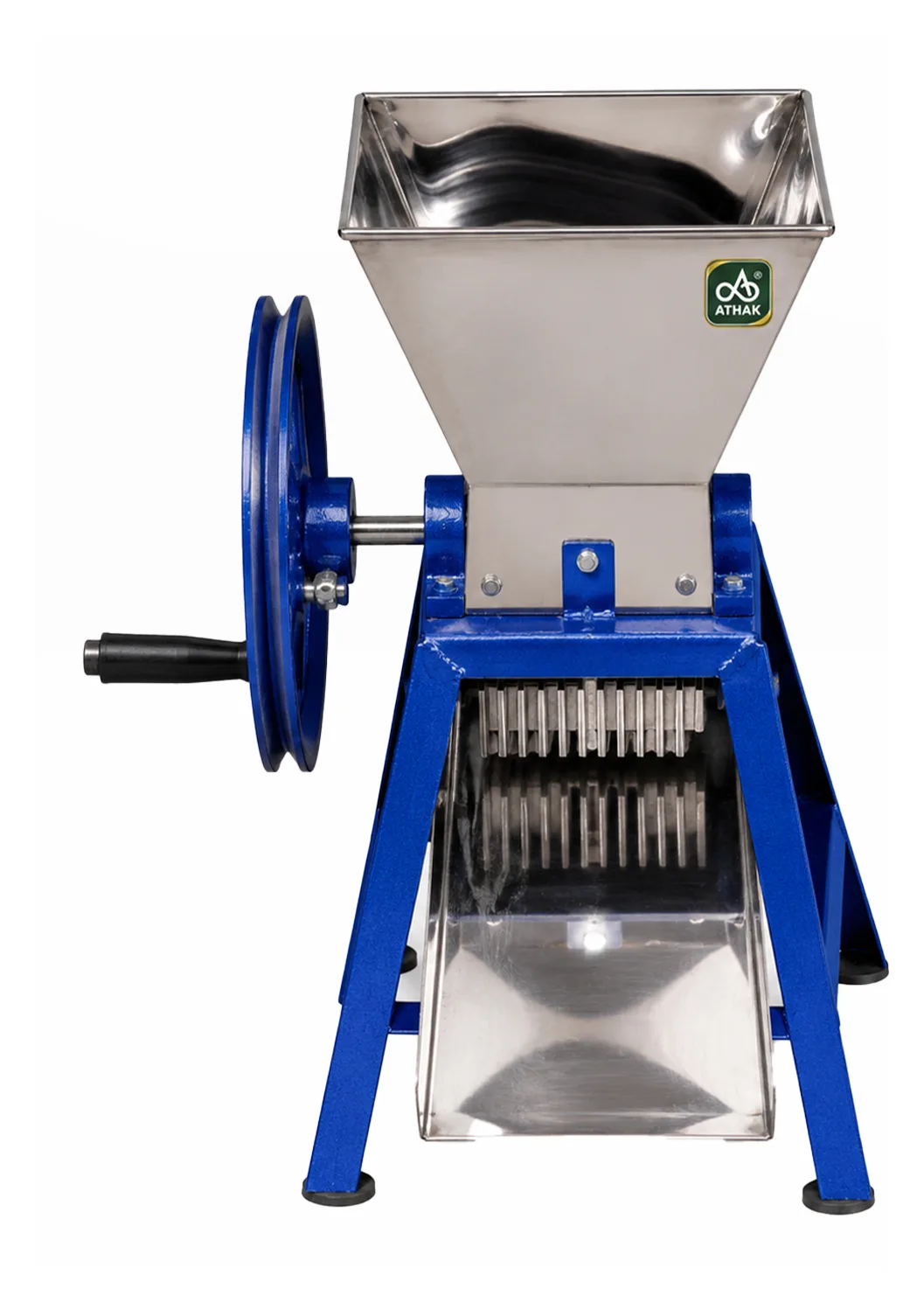 ATHAK Hand Chilly Cutter with stainless steel feed hopper, hand wheel and blade rollers over a collection tray