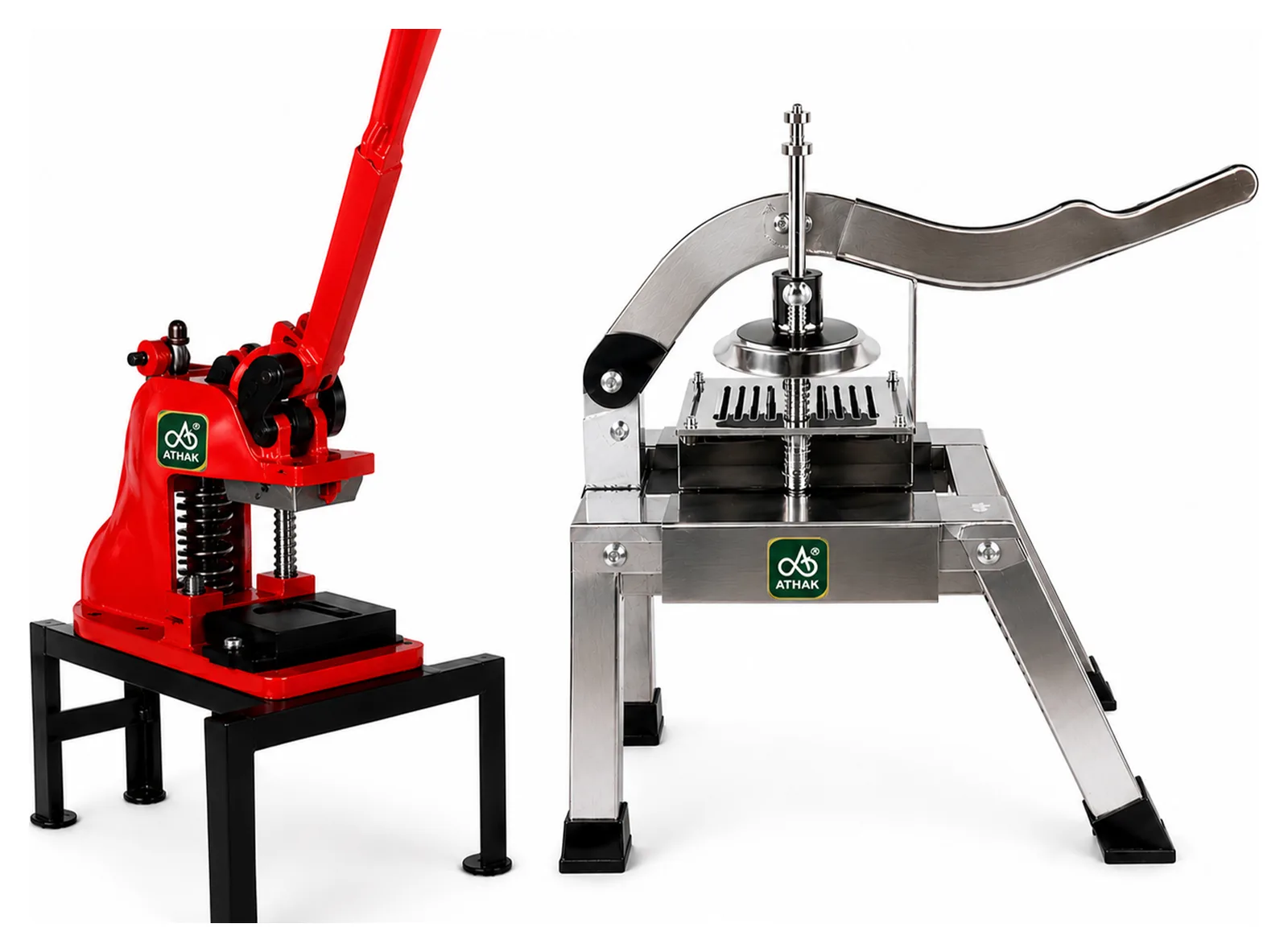ATHAK Hand Operated Finger Chips Machine in red CI casting and stainless steel lever-press versions