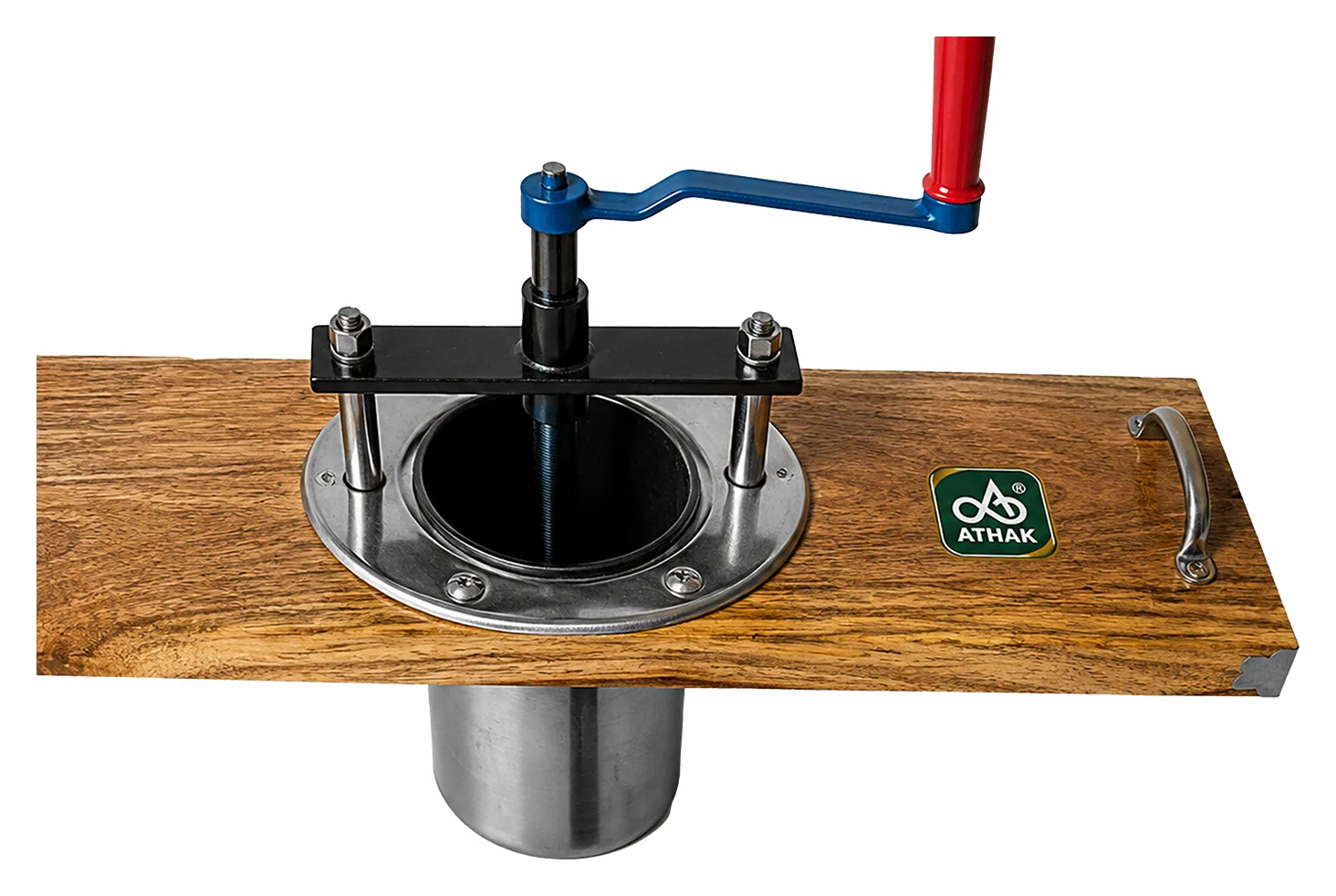 ATHAK Hand Operated Sev Machine, a hand-crank sev press with stainless steel bowl mounted on a wooden board