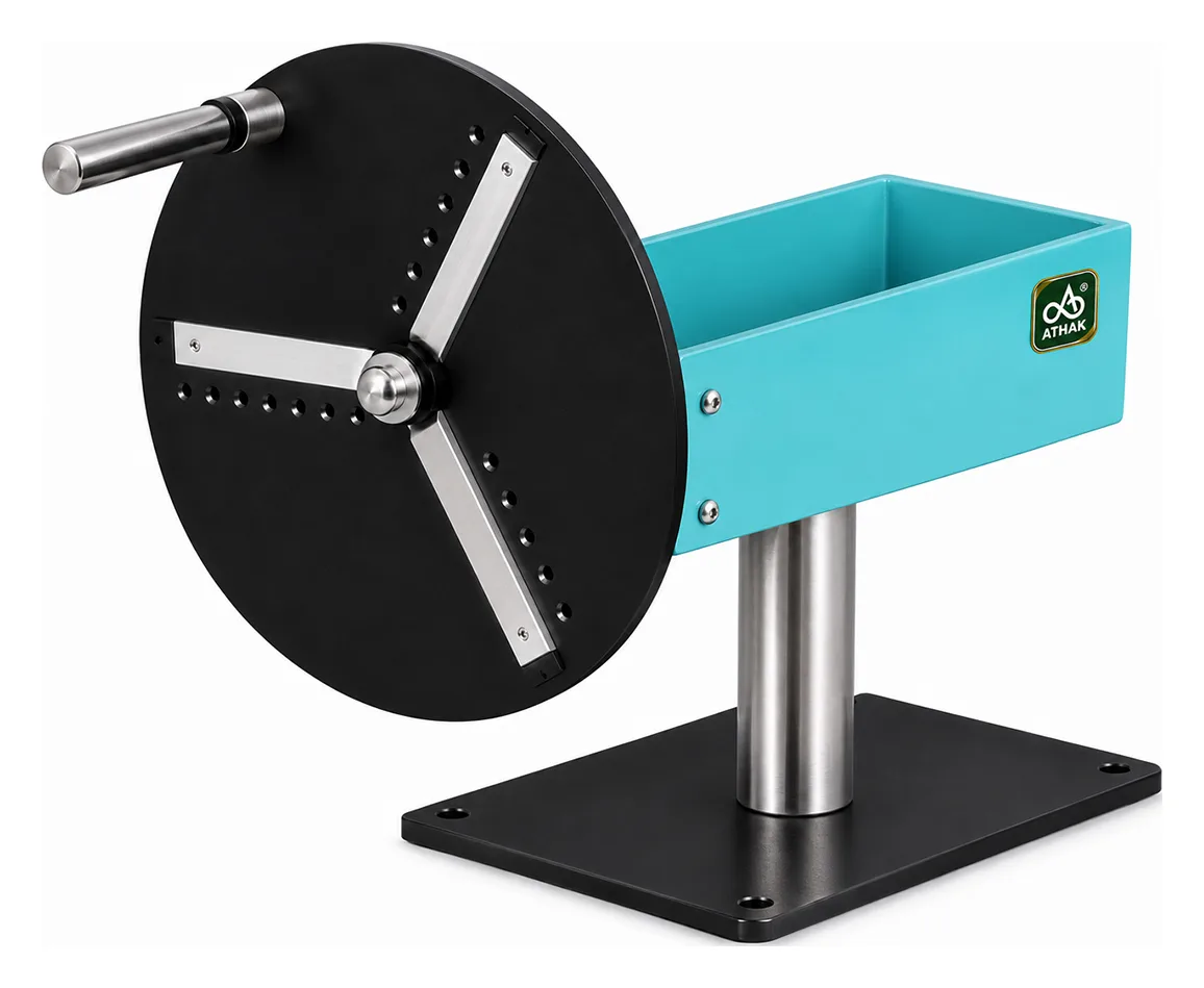 ATHAK Hand Potato Slice Machine with bladed disc, feed tray and crank handle on a stainless steel pedestal base
