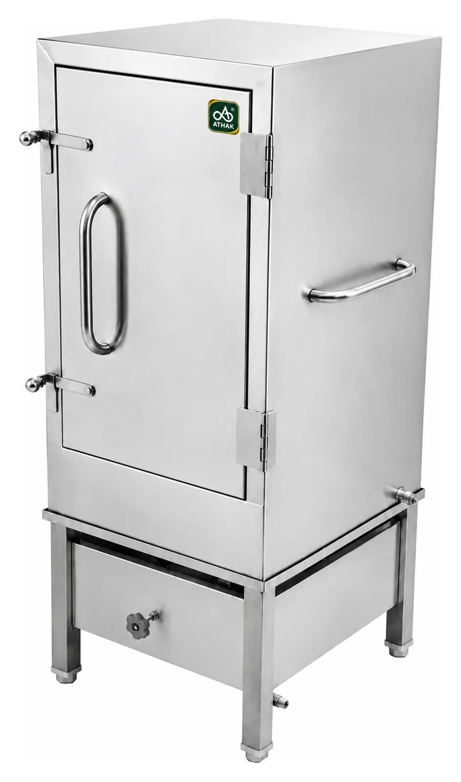 ATHAK Live Steam Dhokla Machine, a stainless steel steam cabinet with a hinged door, viewing window and lower steam unit