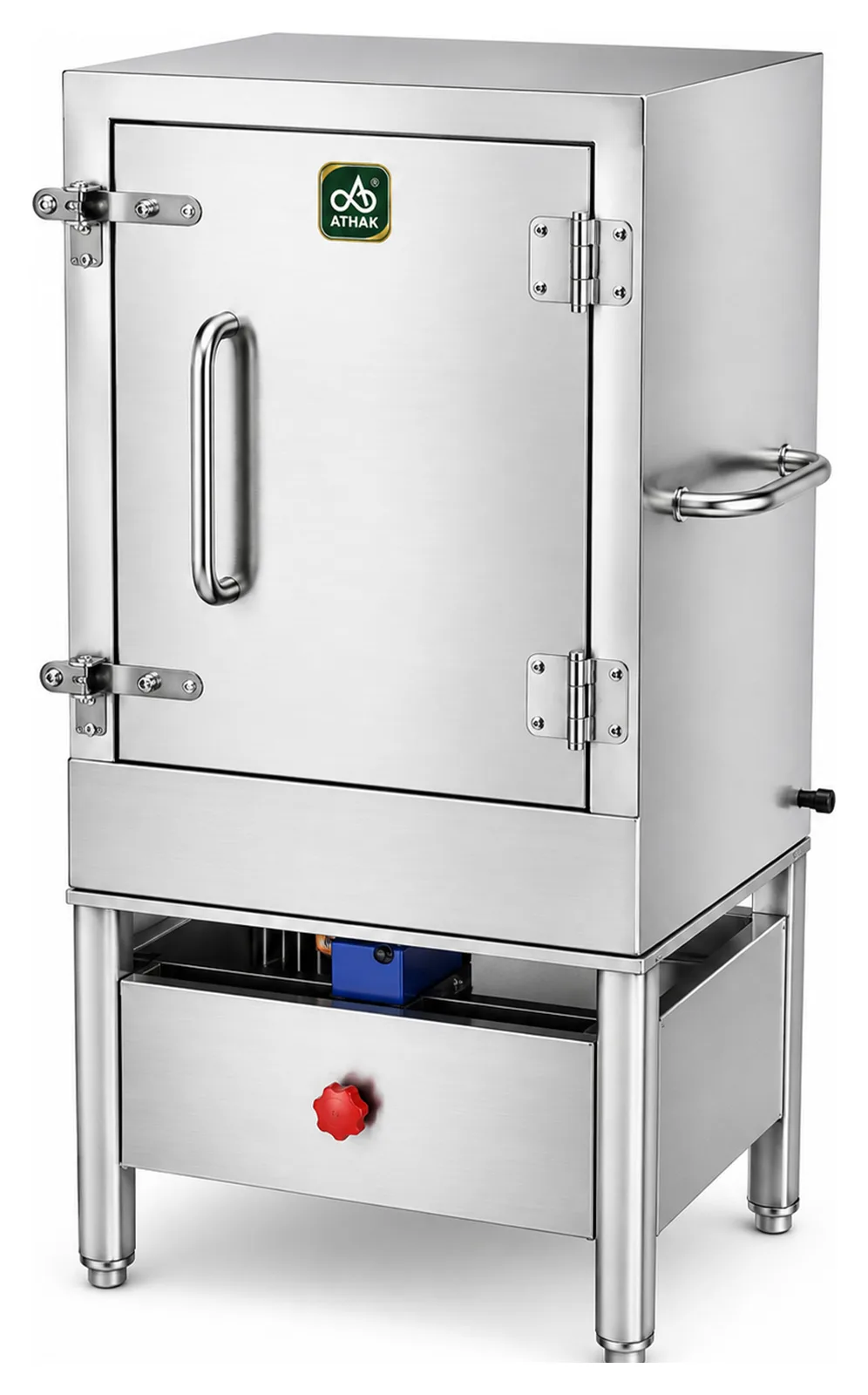 ATHAK Nylon Khaman Machine, a stainless steel steam cabinet with a hinged door, viewing window and burner unit below