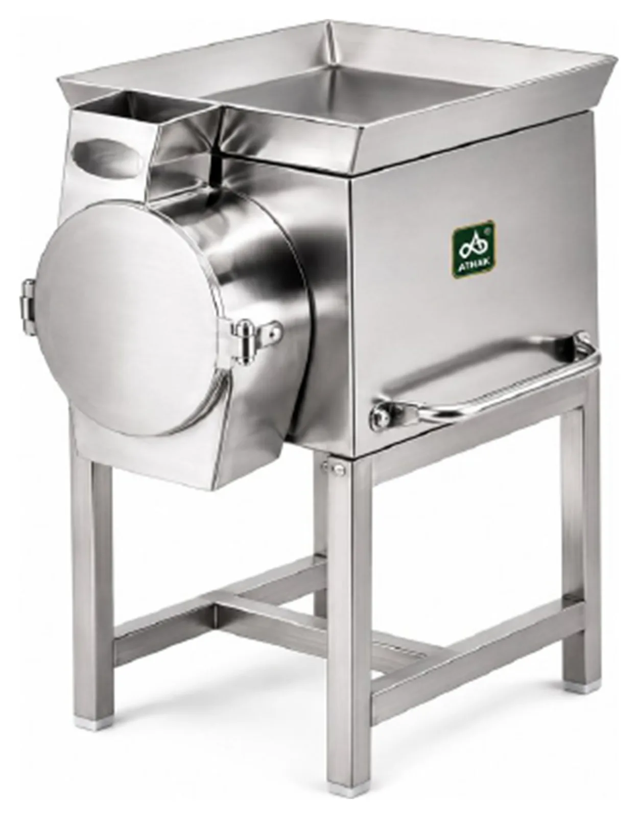 ATHAK Onion Cutting (Chopping) Machine with wide feed hopper and round hinged chopping chamber on a stainless steel stand