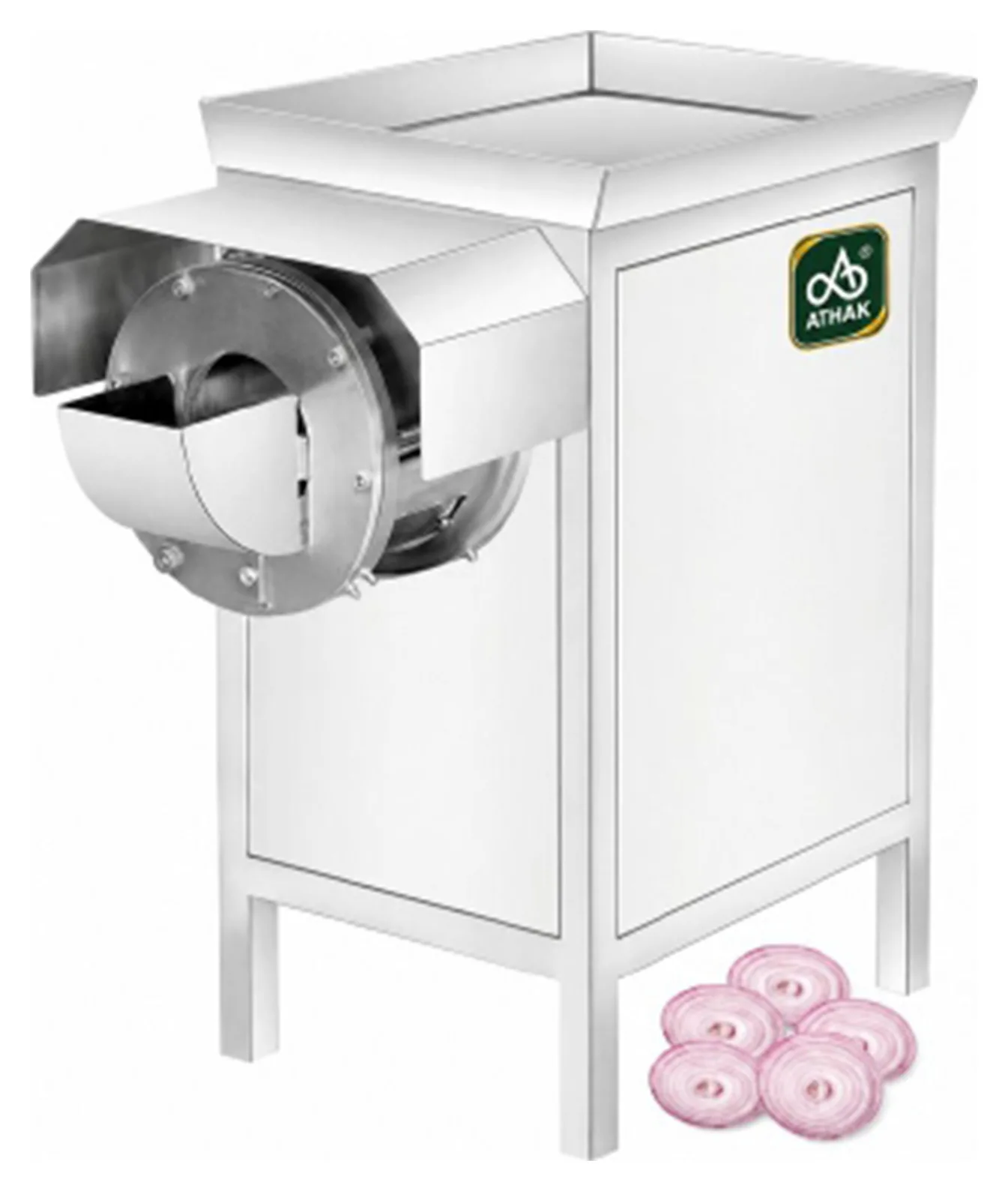 ATHAK Onion Slicer Machine with square feed hopper and front slicing head on a four-leg stainless steel stand