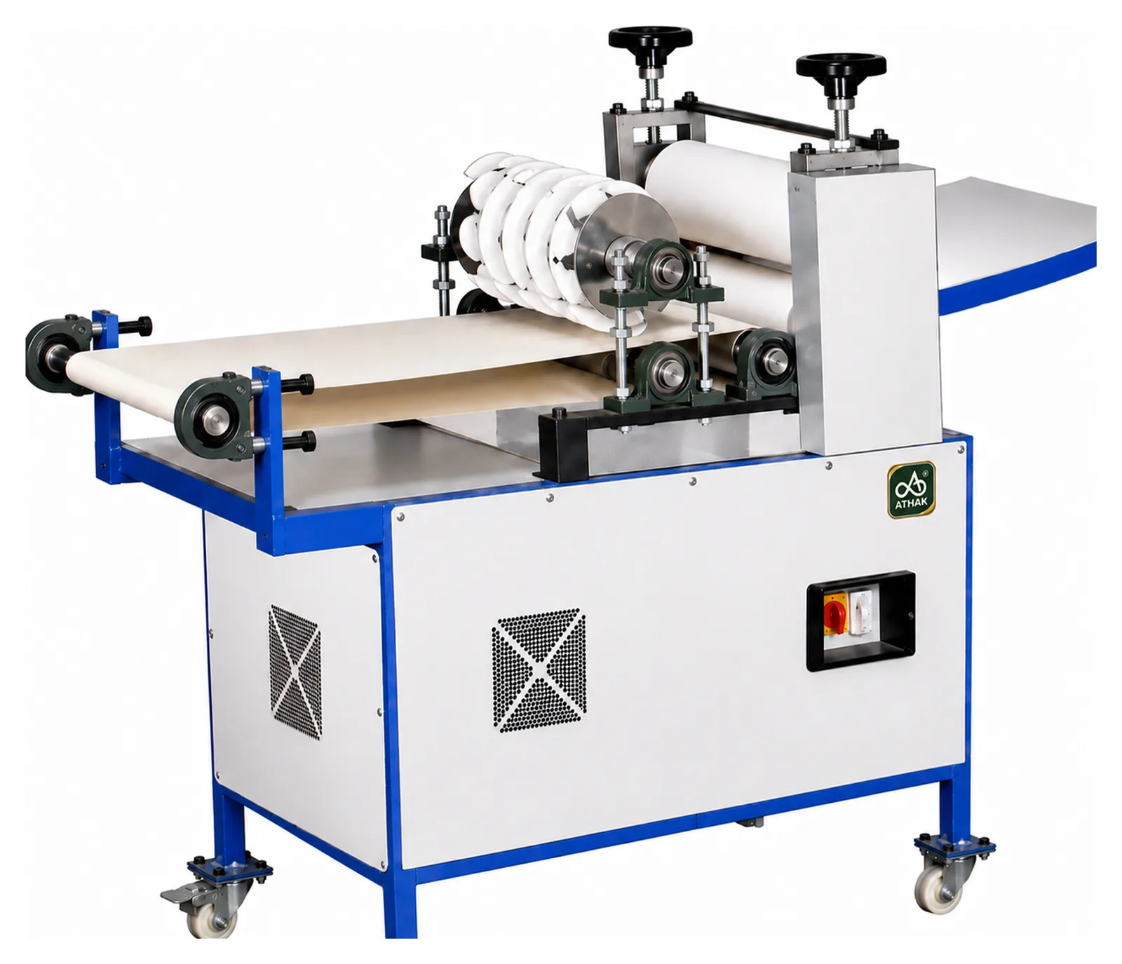 ATHAK Panipuri Machine with roller cutting head, sheet conveyor and blue wheeled frame
