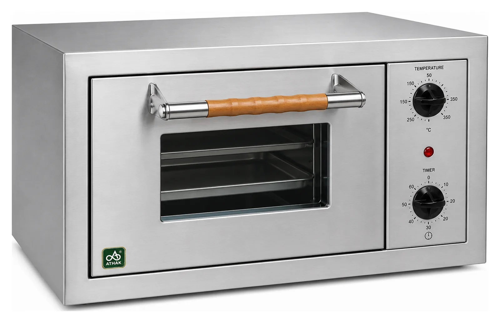 ATHAK electric pizza oven with a stainless steel body, glass front door with wooden handle and two control dials