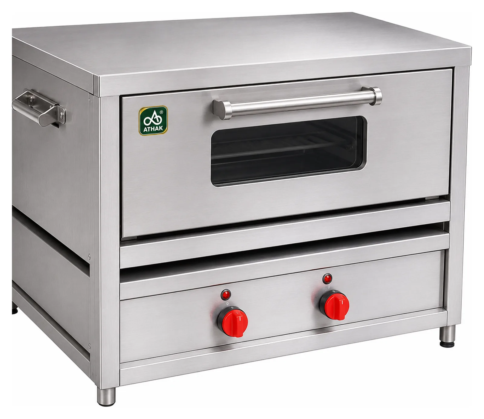 ATHAK gas pizza oven in stainless steel with a glass viewing door, top handle and two red gas control knobs