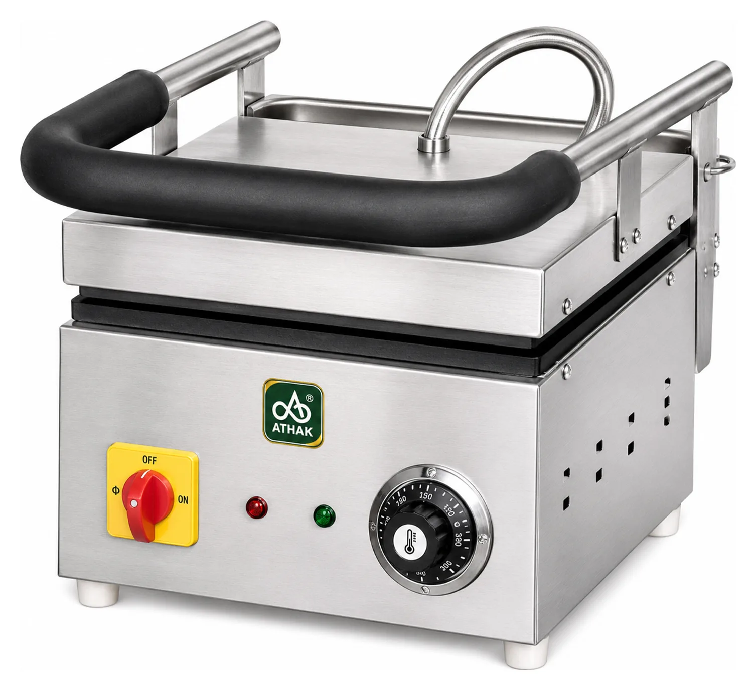ATHAK commercial sandwich griller with hinged top plate, insulated handle, timer dial and indicator lights