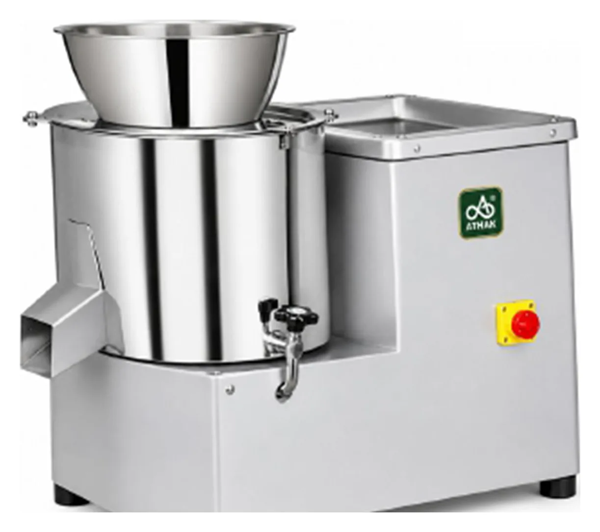 ATHAK Vegetable Chopping Machine with conical feed bowl, chopping drum with drain tap and side collection tray