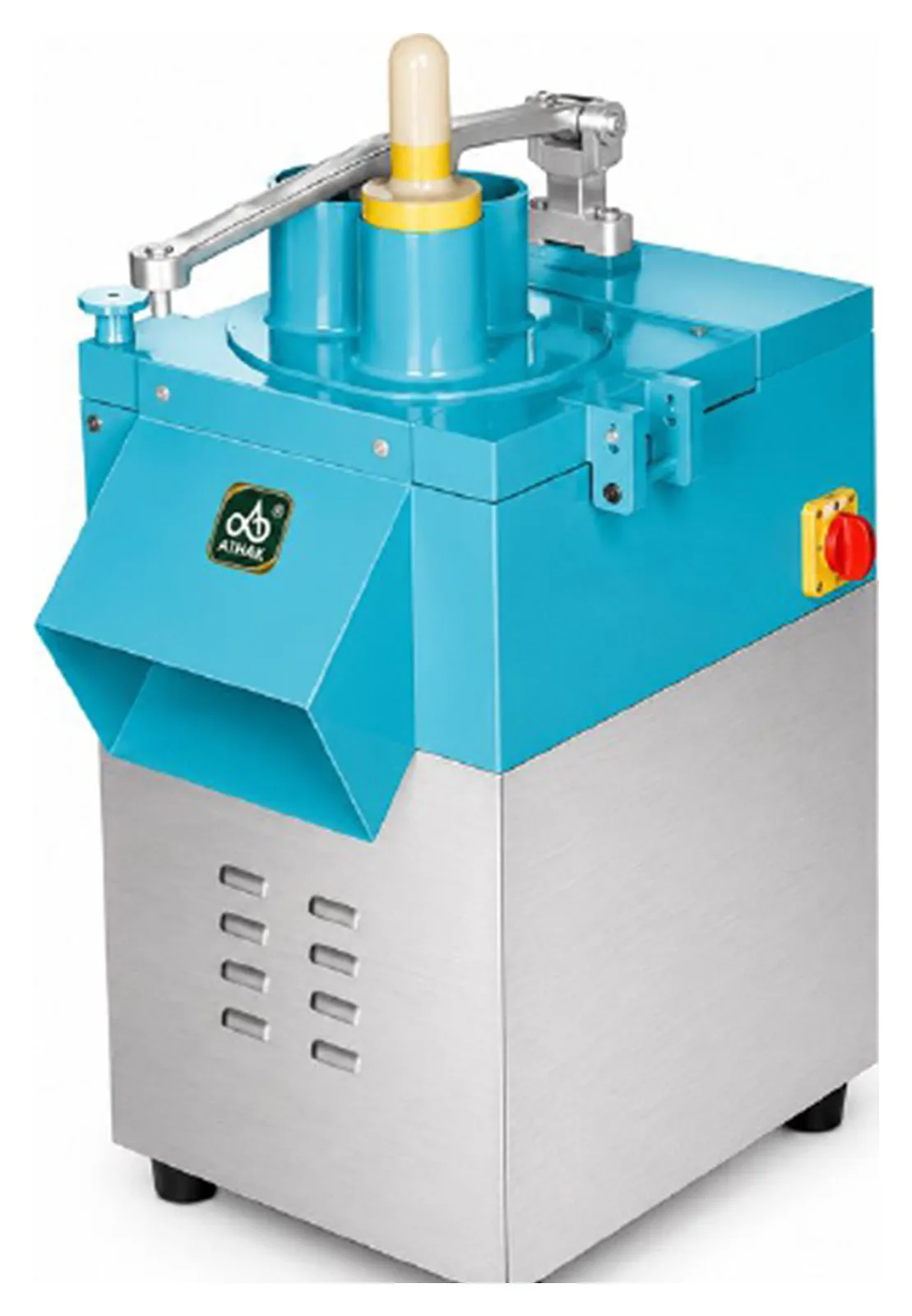 ATHAK Vegetable Cutting Machine (Deluxe) with blue upper housing, top feed hopper with pusher and stainless steel cabinet base