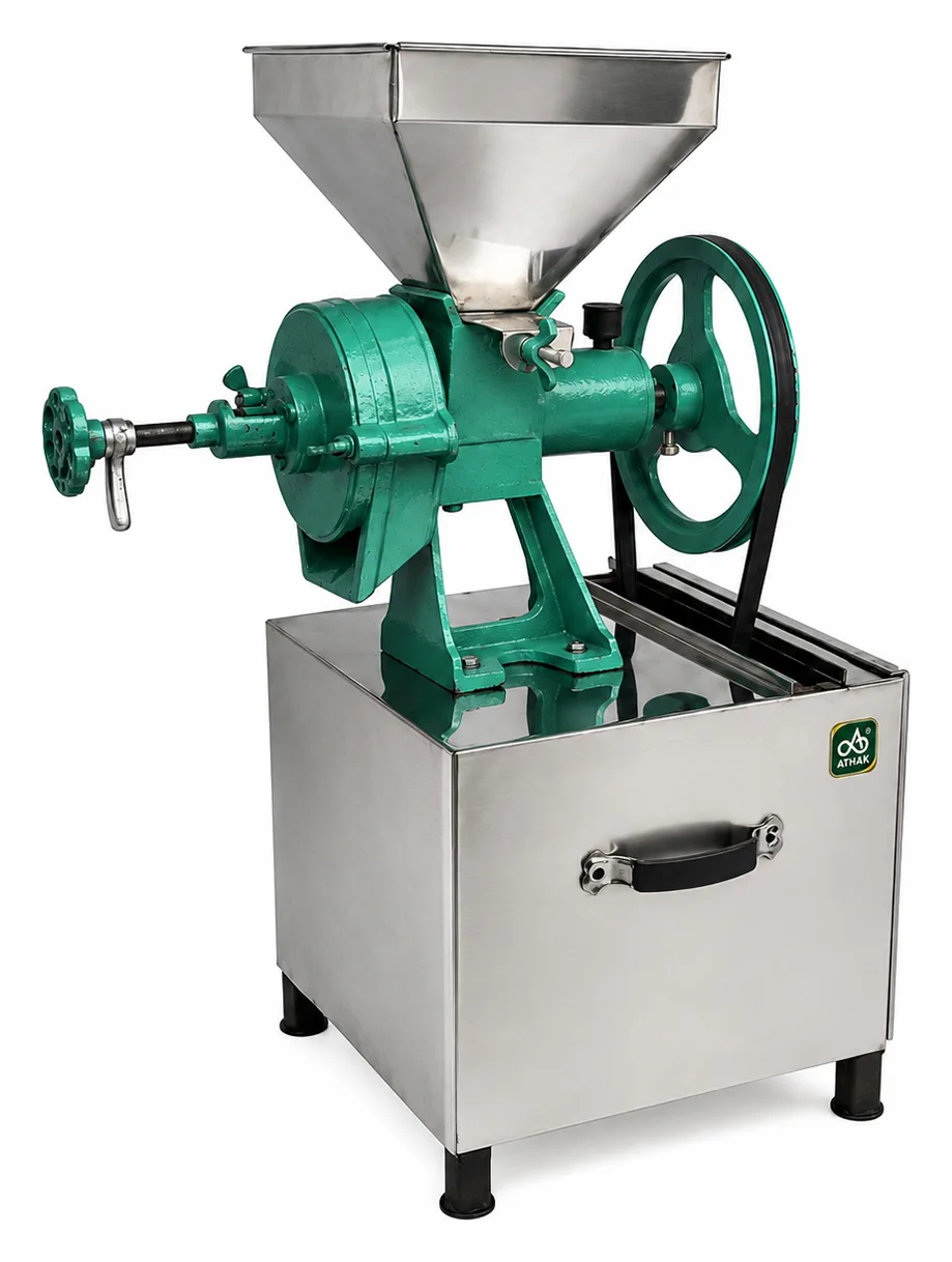 ATHAK Wet Dal Machine with green pulley drive and stainless steel base cabinet